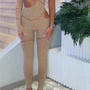 Cream Ribbed Knit Jumpsuit with Long Sleeves